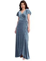 Flutter Sleeve Velvet Wrap Evening Dress / Bridesmaid Maxi Dress with Pockets