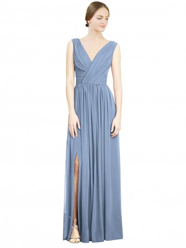 Sleeveless Draped Chiffon Bridesmaid Dress / Maxi Dress with Front Slit