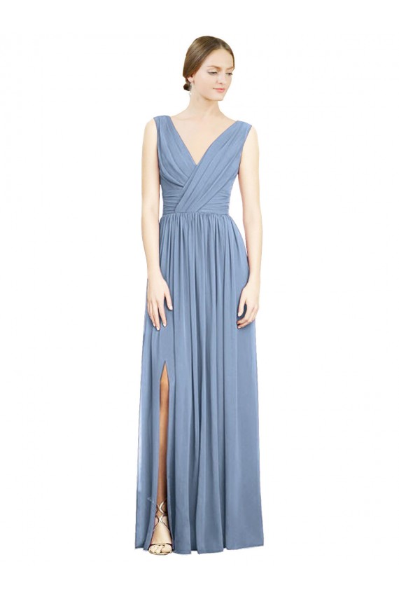 Sleeveless Draped Chiffon Bridesmaid Dress / Maxi Dress with Front Slit