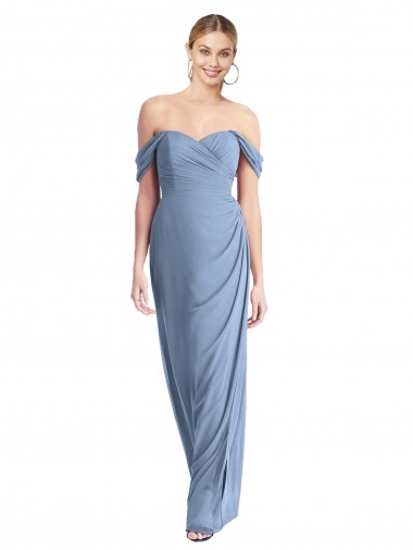 Full Length Draped Off the Shoulder Evening Dress / Bridesmaid Maxi Dress with Shirred Streamer
