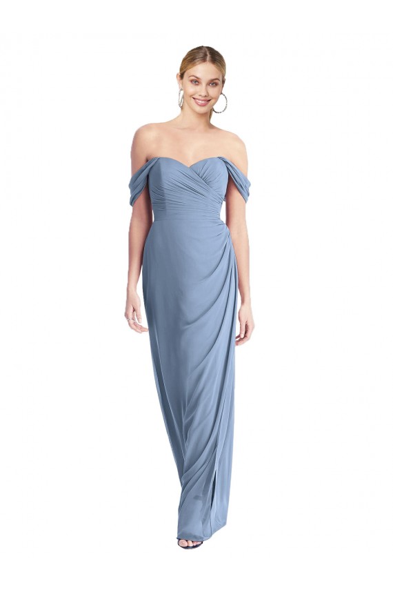Full Length Draped Off the Shoulder Evening Dress / Bridesmaid Maxi Dress with Shirred Streamer