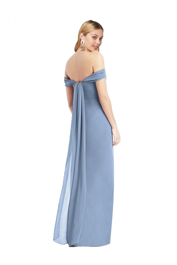 Full Length Draped Off the Shoulder Evening Dress / Bridesmaid Maxi Dress with Shirred Streamer