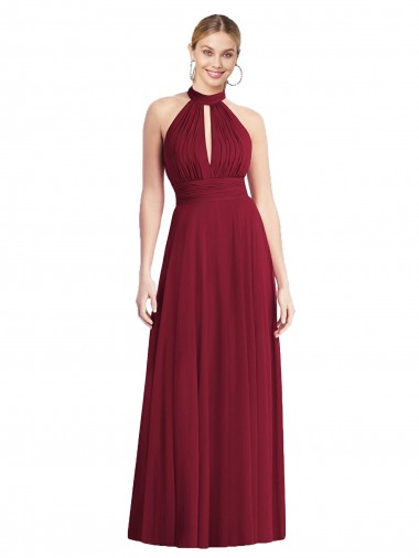 High-Neck Open Back Shirred Halter Maxi Dress