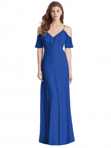 Ruffled Cold Shoulder Chiffon Evening Dress / Bridesmaid Maxi Dress