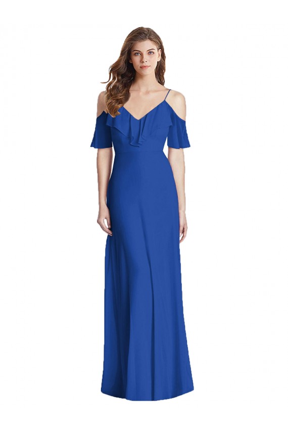 Ruffled Cold Shoulder Chiffon Evening Dress / Bridesmaid Maxi Dress