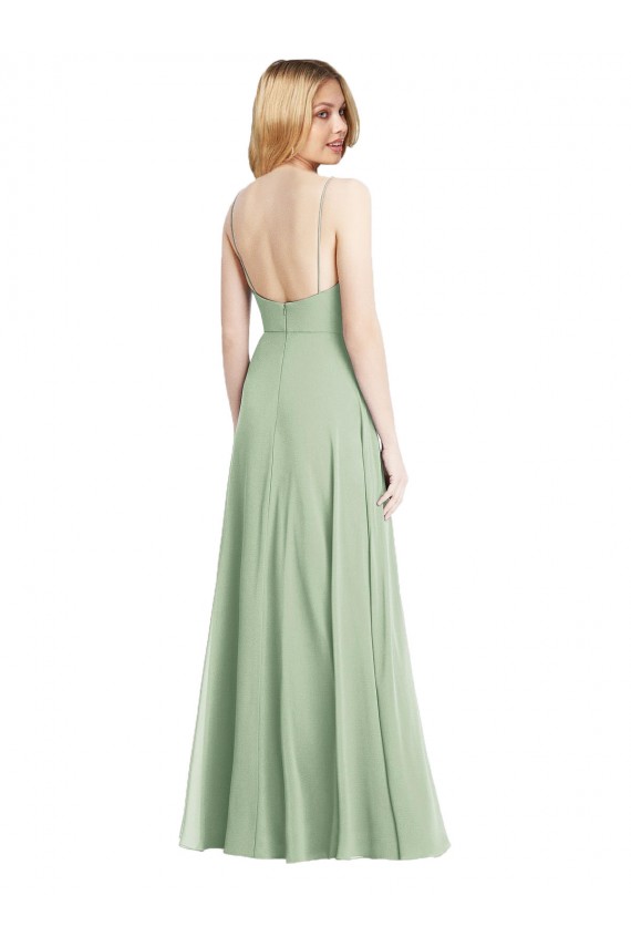 Sleek Spaghetti Straps Low Back Square Neck Chiffon Evening Dress / Maxi Dress