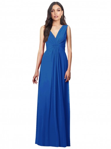 Draped V-Neck Shirred Chiffon Evening Dress / Bridesmaid Maxi Dress