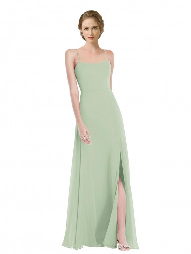 Scoop Neck Tie Strap Evening Dress / Bridesmaid Maxi Dress with Front Slit