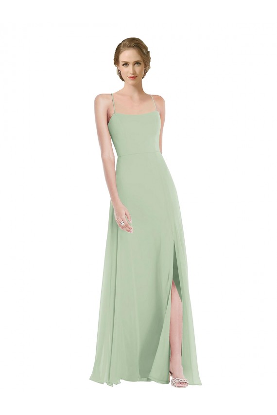 Scoop Neck Tie Strap Evening Dress / Bridesmaid Maxi Dress with Front Slit