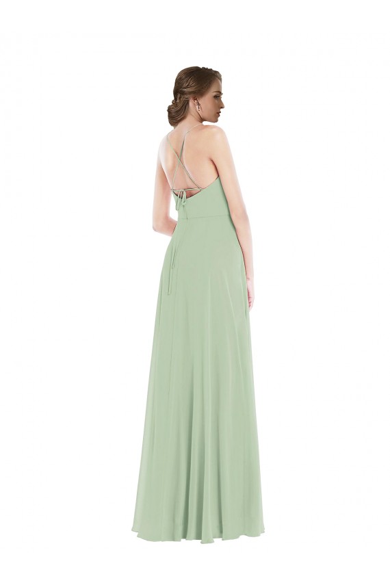 Scoop Neck Tie Strap Evening Dress / Bridesmaid Maxi Dress with Front Slit