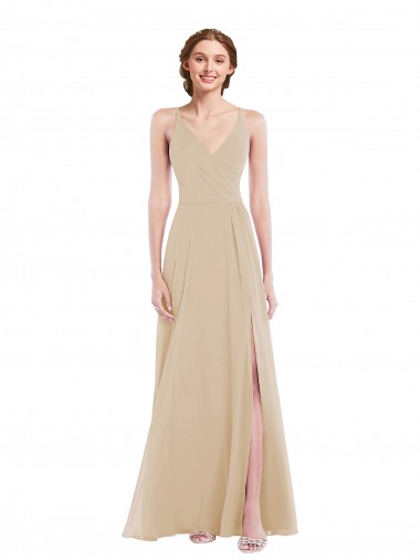 Faux Wrap Criss Cross Back Evening Dress / Bridesmaid Maxi Dress with Front Slit