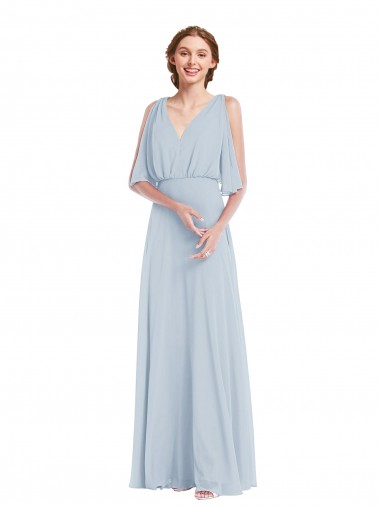V-Neck Split Sleeves Blouson Bodice Evening Dress / Bridesmaid Maxi Dress