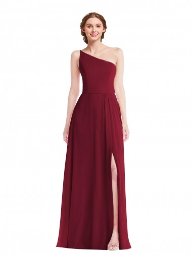 One Shoulder Chiffon Evening Dress / Bridesmaid Maxi Dress with Shirred Front Slit