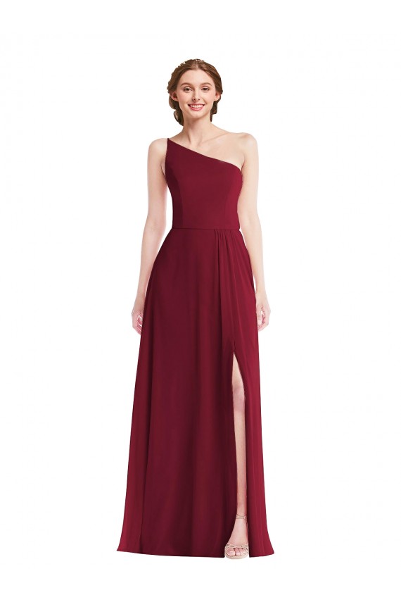 One Shoulder Chiffon Evening Dress / Bridesmaid Maxi Dress with Shirred Front Slit