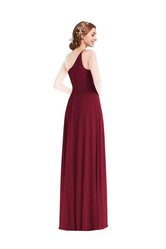 One Shoulder Chiffon Evening Dress / Bridesmaid Maxi Dress with Shirred Front Slit