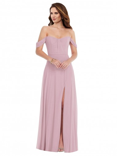Off the Shoulder Draped Sleeve Evening Dress / Bridesmaid Maxi Dress with Front Slit