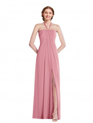 Draped Chiffon Grecian Column Maxi Dress with Front Slit