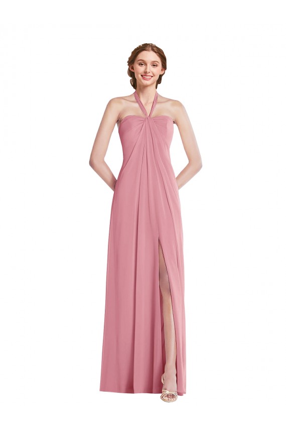 Draped Chiffon Grecian Column Maxi Dress with Front Slit