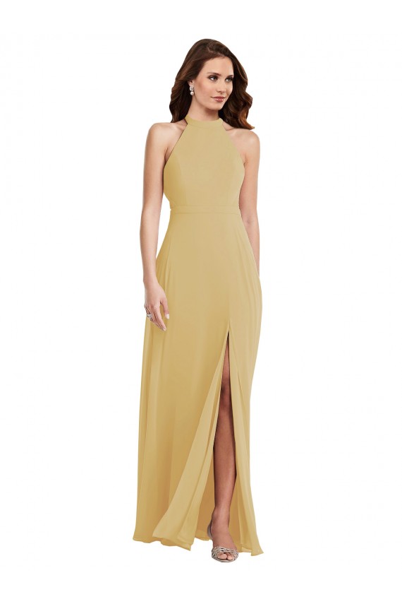 Stand Collar Halter Evening Dress / Bridesmaid Maxi Dress with Criss Cross Open Back