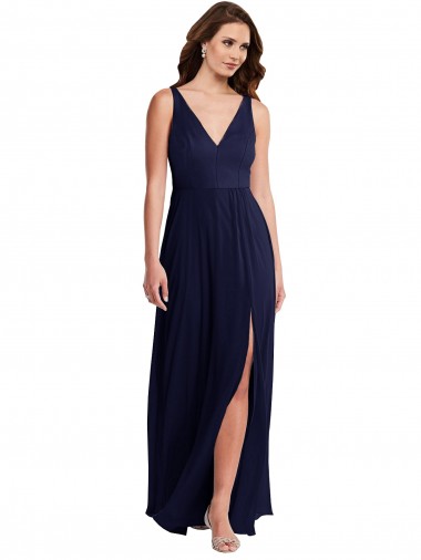 Deep V-Neck Chiffon Evening Dress / Bridesmaid Maxi Dress with Front Slit