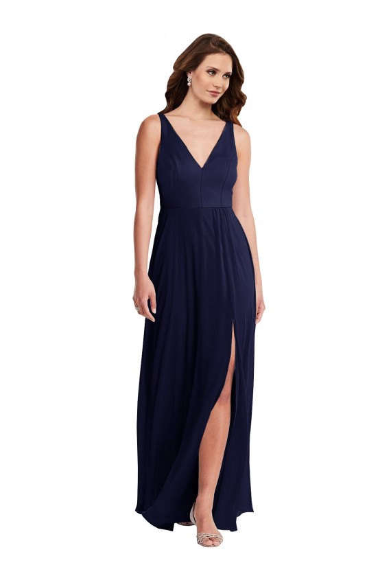 Deep V-Neck Chiffon Evening Dress / Bridesmaid Maxi Dress with Front Slit