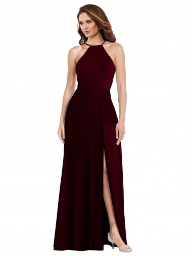 Halter Spaghetti Straps Evening Dress / Bridesmaid Maxi Dress with Front Slit