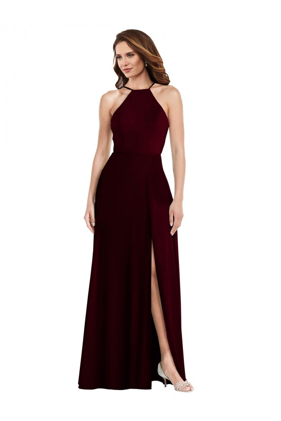 Halter Spaghetti Straps Evening Dress / Bridesmaid Maxi Dress with Front Slit