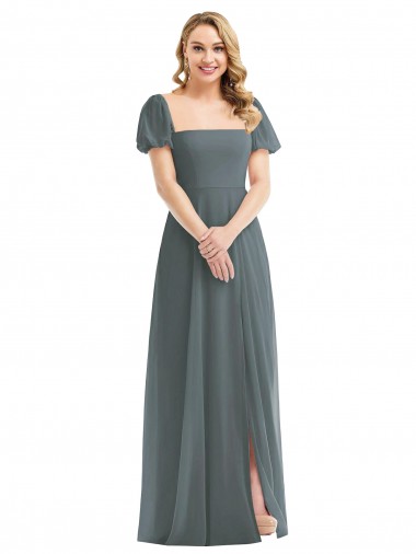 Puff Sleeves Chiffon Evening Dress / Bridesmaid Maxi Dress with Front Slit