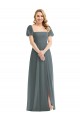 Puff Sleeves Chiffon Evening Dress / Bridesmaid Maxi Dress with Front Slit