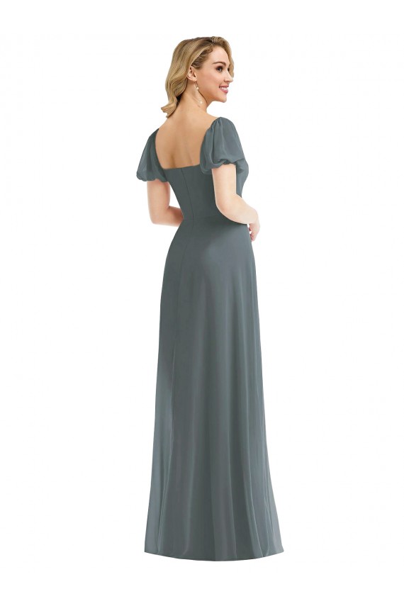 Puff Sleeves Chiffon Evening Dress / Bridesmaid Maxi Dress with Front Slit