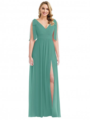 Plunge Neckline Bow Shoulder Chiffon Evening Dress / Bridesmaid Maxi Dress