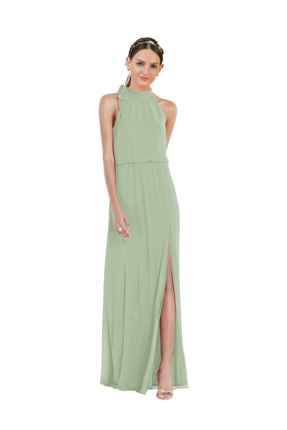 High Neck Scarf Tie Blouson Bodice Evening Dress / Bridesmaid Maxi Dress with Front Slit