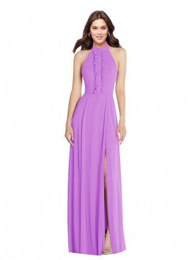Halter Backless Formal Maxi Dress with Button Ruffle Placket