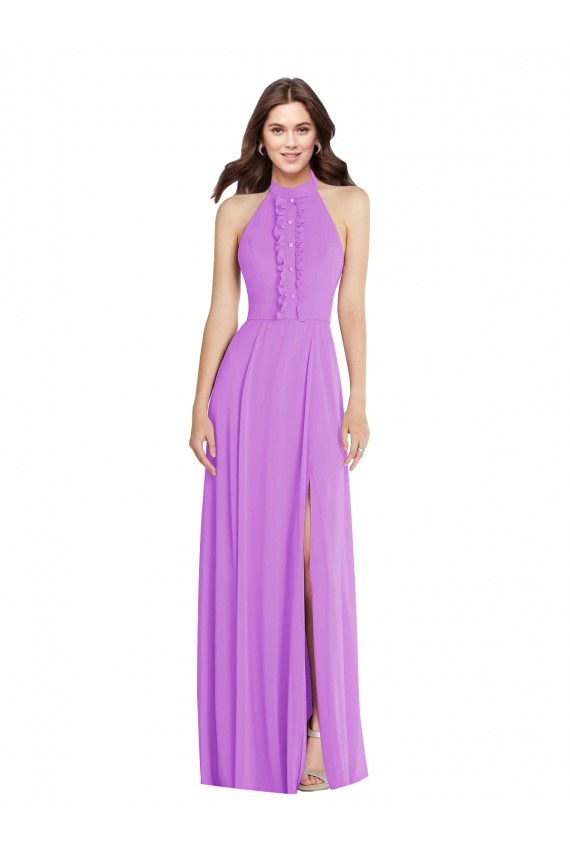 Halter Backless Formal Maxi Dress with Button Ruffle Placket