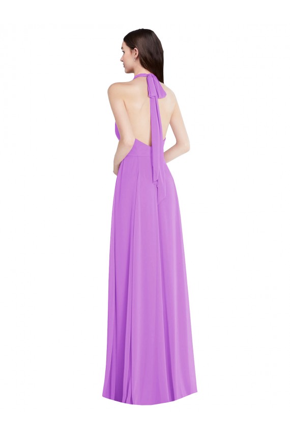 Halter Backless Formal Maxi Dress with Button Ruffle Placket