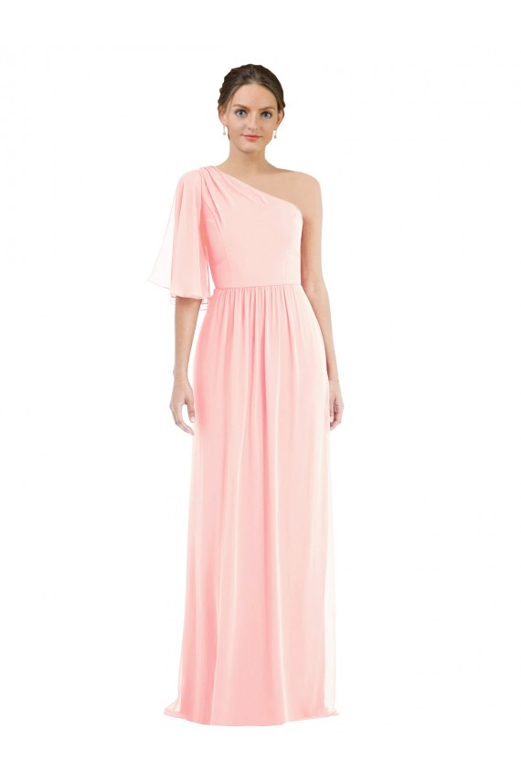 One Shoulder Bell Sleeves Chiffon Evening Dress / Bridesmaid Maxi Dress