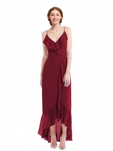 Ruffle Trimmed V-Neck High Low Wrap Chiffon Maxi Evening Dress