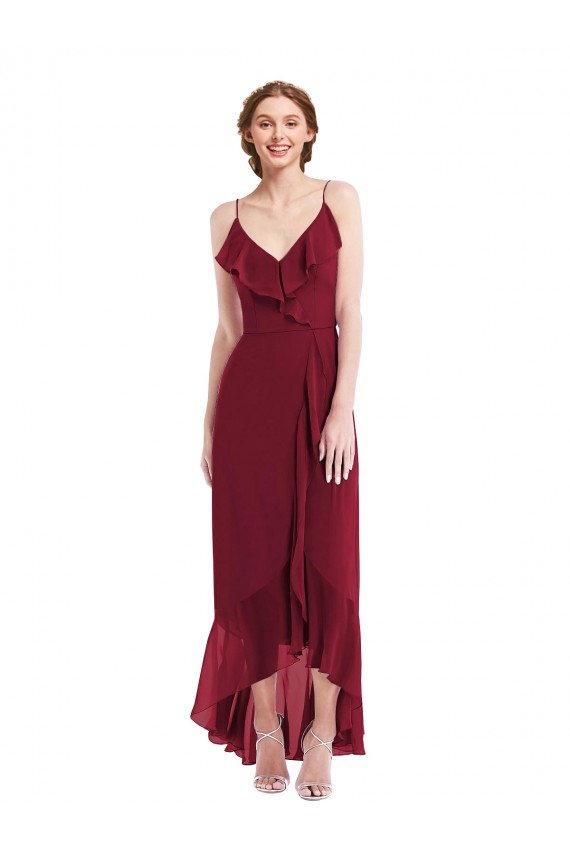 Ruffle Trimmed V-Neck High Low Wrap Chiffon Maxi Evening Dress