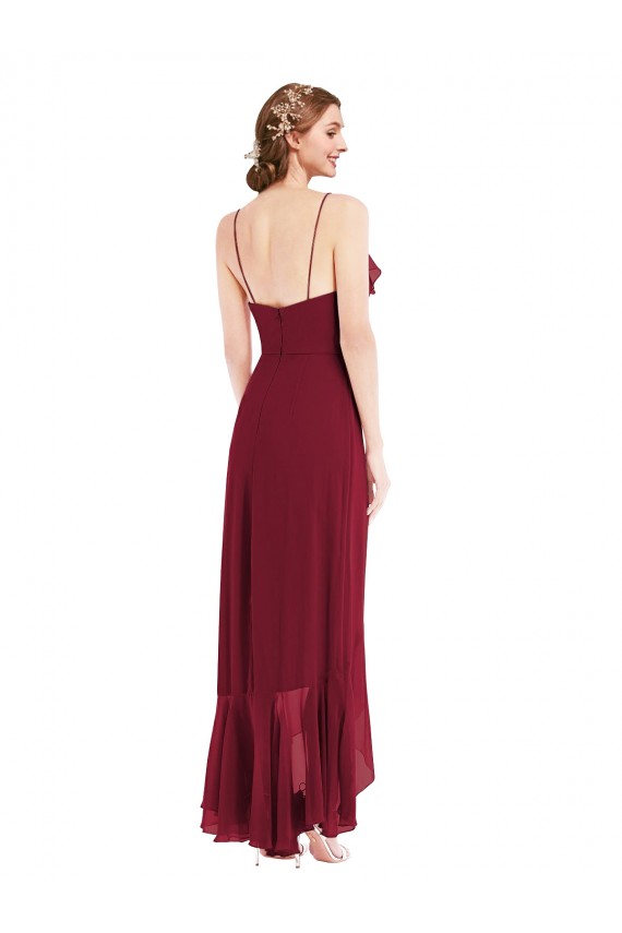 Ruffle Trimmed V-Neck High Low Wrap Chiffon Maxi Evening Dress