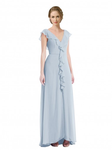 Ruffle Trimmed V Back Chiffon Evening Dress / Bridesmaid Maxi Dress