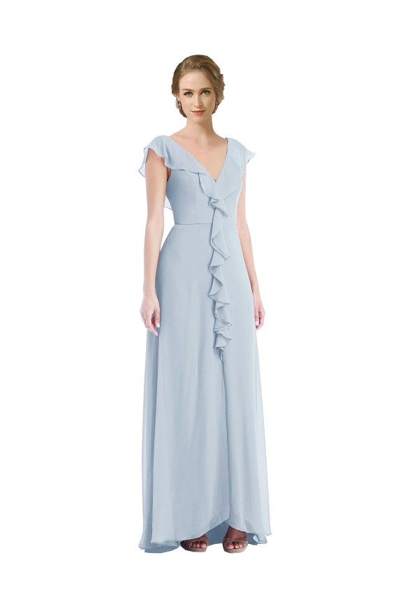 Ruffle Trimmed V Back Chiffon Evening Dress / Bridesmaid Maxi Dress