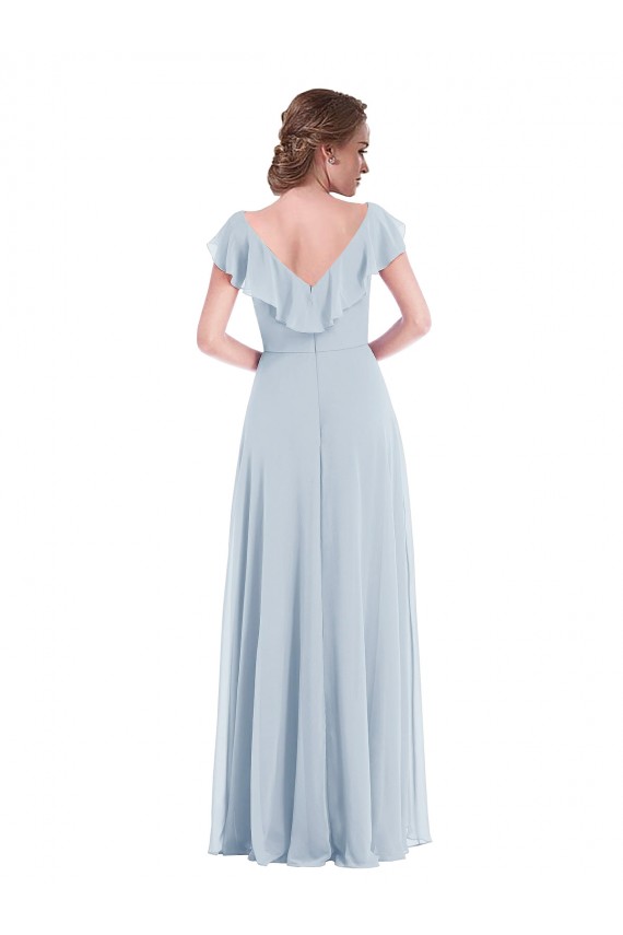 Ruffle Trimmed V Back Chiffon Evening Dress / Bridesmaid Maxi Dress