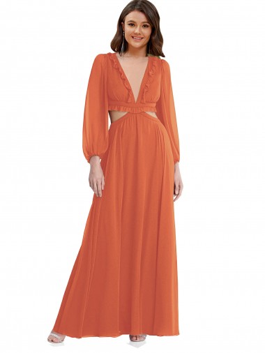 High Low Ruffled Long Chiffon Cutout Bishop Sleeves Bridesmaid Dress / Maxi Dress
