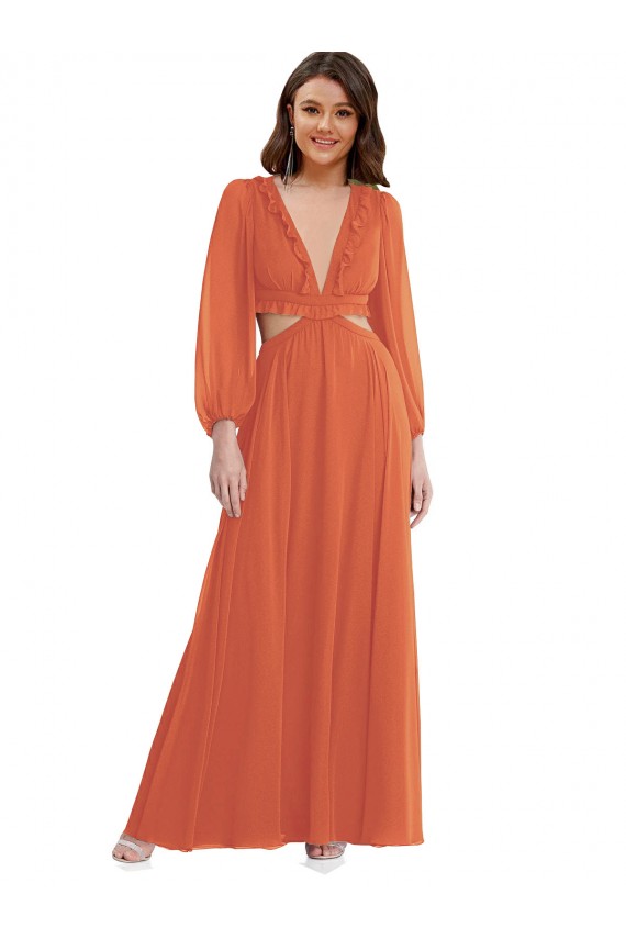 High Low Ruffled Long Chiffon Cutout Bishop Sleeves Bridesmaid Dress / Maxi Dress