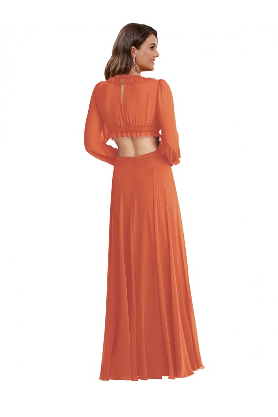 High Low Ruffled Long Chiffon Cutout Bishop Sleeves Bridesmaid Dress / Maxi Dress