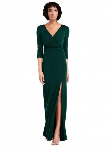 Floor Length 3/4 Sleeves V-Back Draped Wrap Spandex Maxi Dress