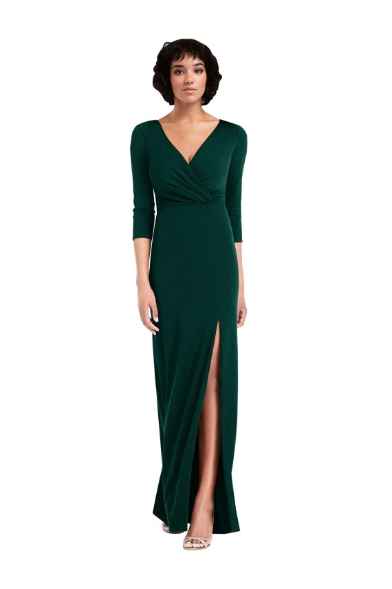 Floor Length 3/4 Sleeves V-Back Draped Wrap Spandex Maxi Dress