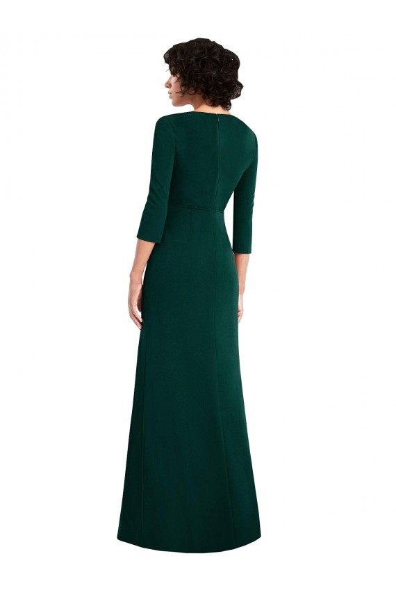 Floor Length 3/4 Sleeves V-Back Draped Wrap Spandex Maxi Dress