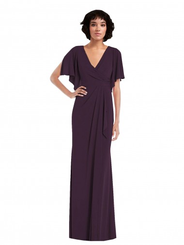 Faux Wrap Split Sleeves Spandex Evening Dress / Bridesmaid Maxi Dress with Cascade Skirt