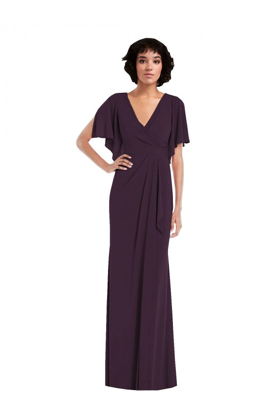 Faux Wrap Split Sleeves Spandex Evening Dress / Bridesmaid Maxi Dress with Cascade Skirt